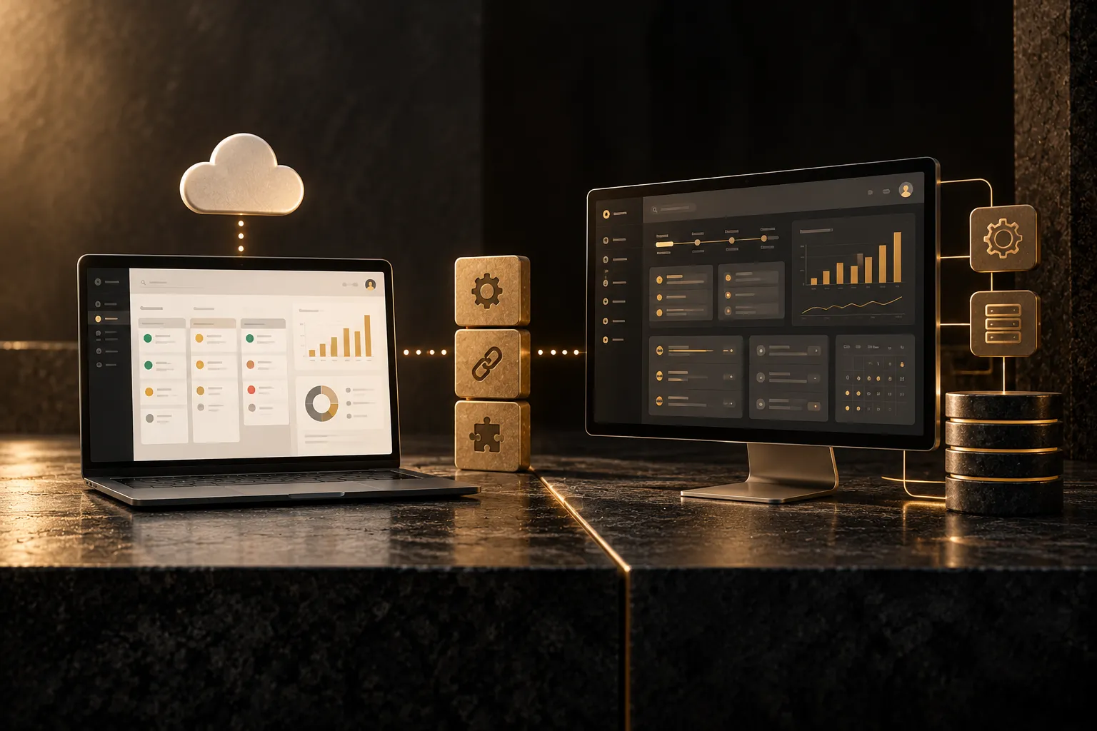 Portátil con un CRM en la nube y monitor con un CRM a medida, unidos por bloques de latón con iconos de integración