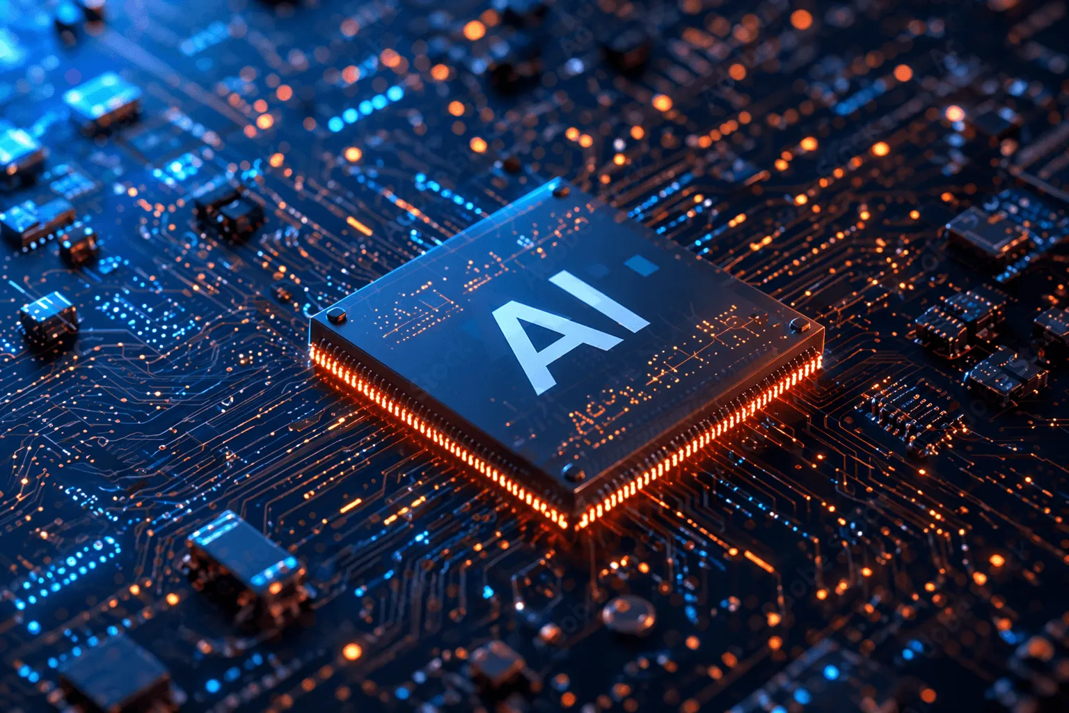 Procesador con las siglas AI en una placa de circuito iluminada con luces azules y naranjas