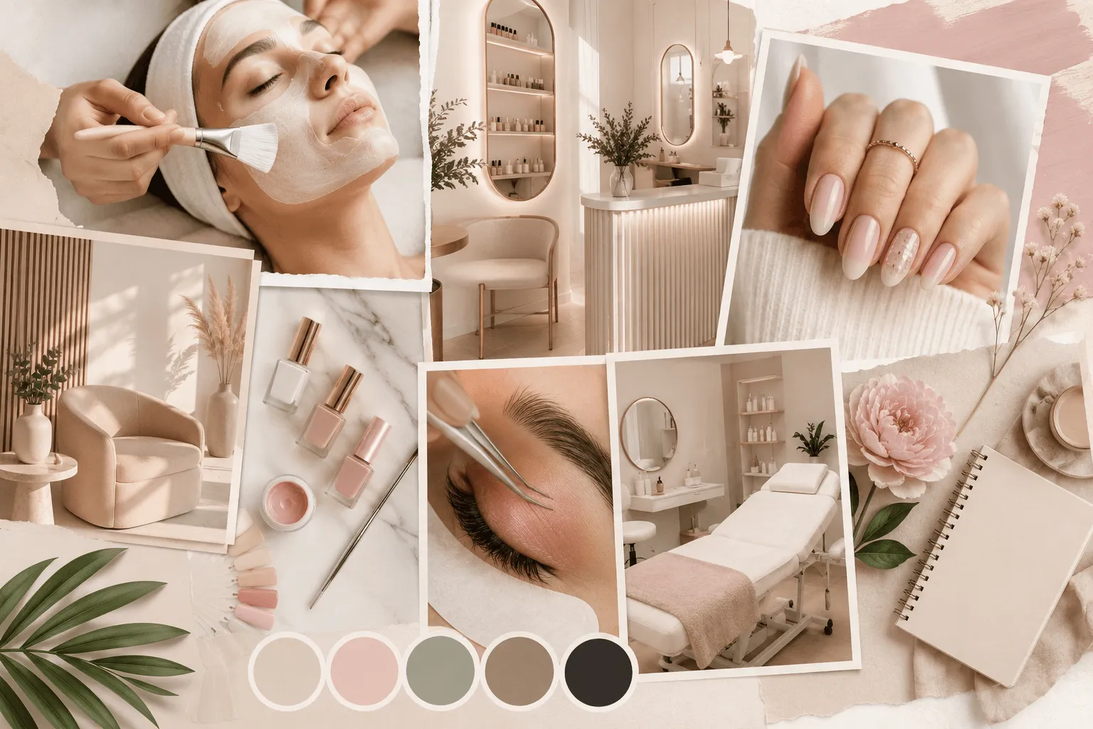 Collage de servicios de belleza: tratamiento facial, manicura, extensiones de pestañas e interiores de un salón de estética