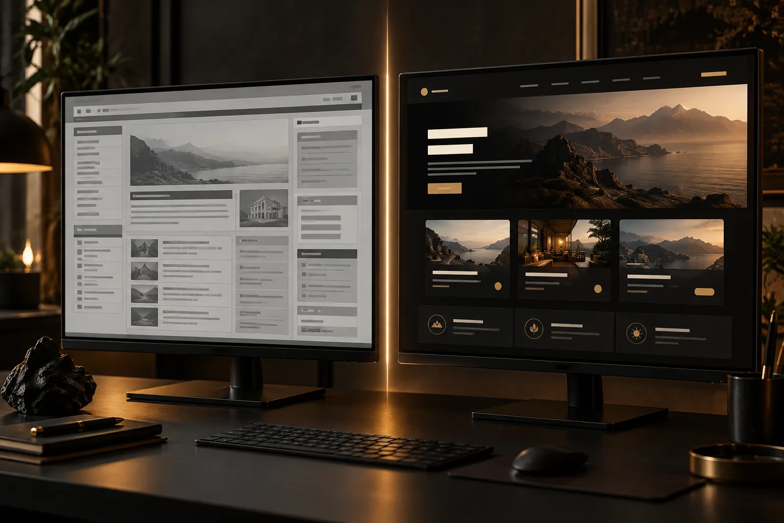 Dos monitores que comparan una web antigua y desordenada con la misma web rediseñada