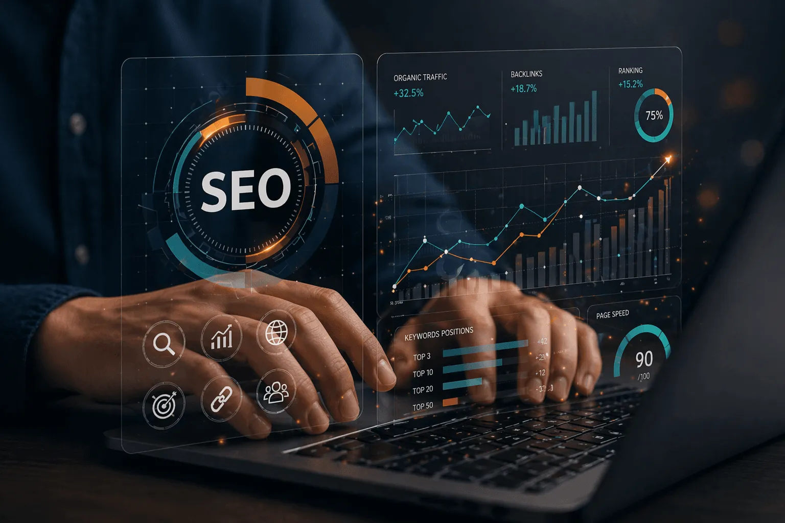 Persona trabajando en un portátil con una interfaz digital de métricas y análisis SEO