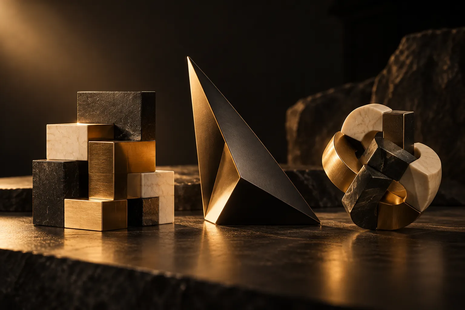Tres estructuras geométricas distintas iluminadas con luz dorada sobre fondo oscuro