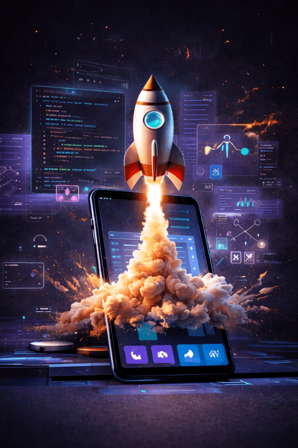 Cohete despegando desde un smartphone rodeado de interfaces digitales y código de programación