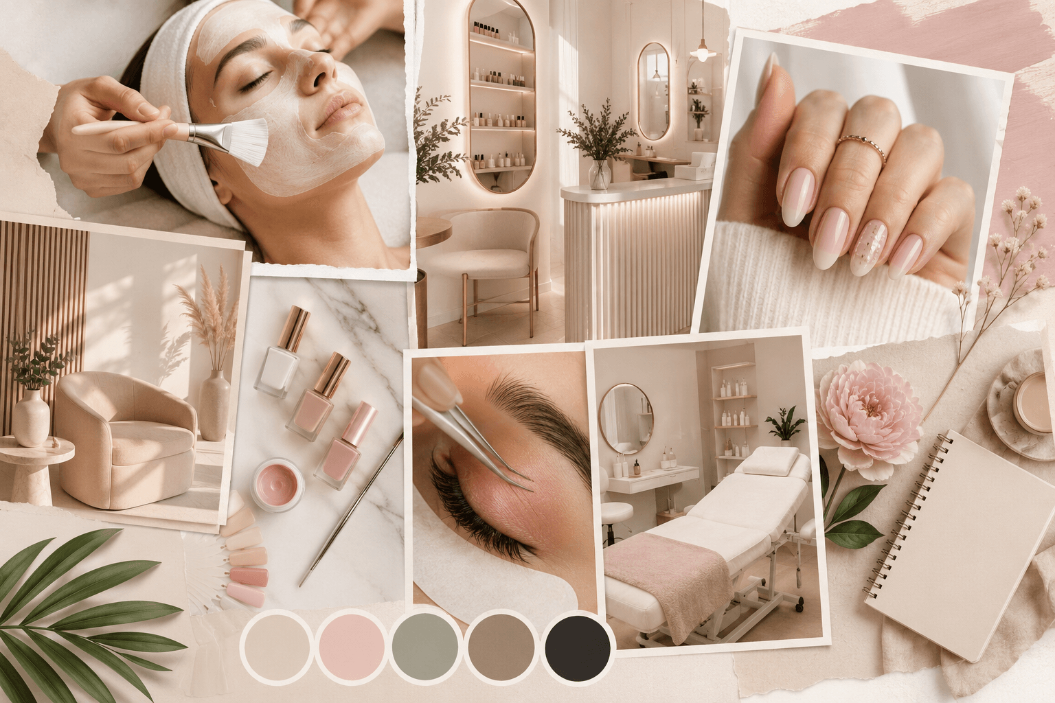 Collage de servicios de belleza: tratamiento facial, manicura, extensiones de pestañas e interiores de un salón de estética